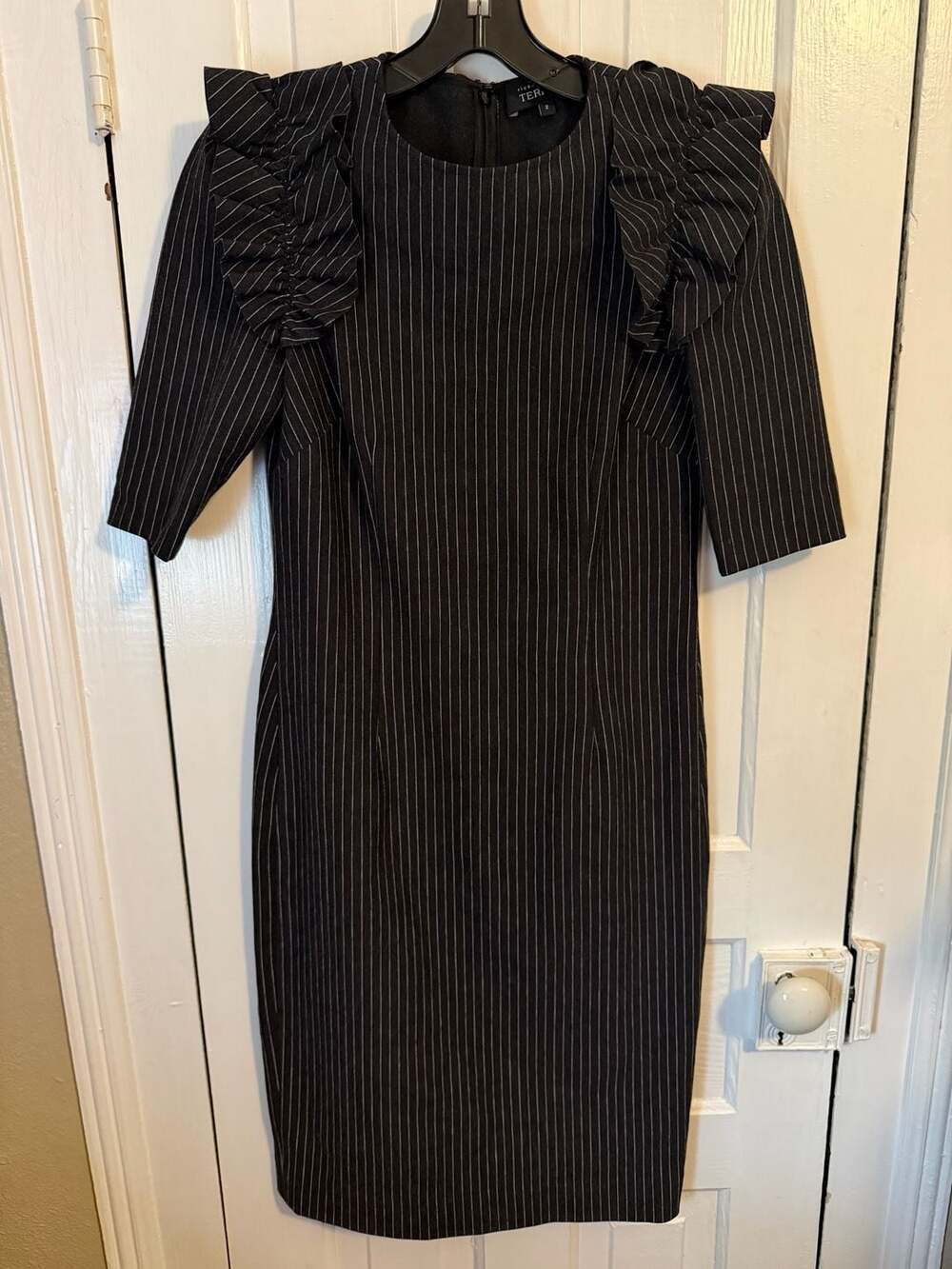 Rickie Freeman for Teri Jon Pinstripe Midi Sheath Dress with Ruffle Shoulders 2